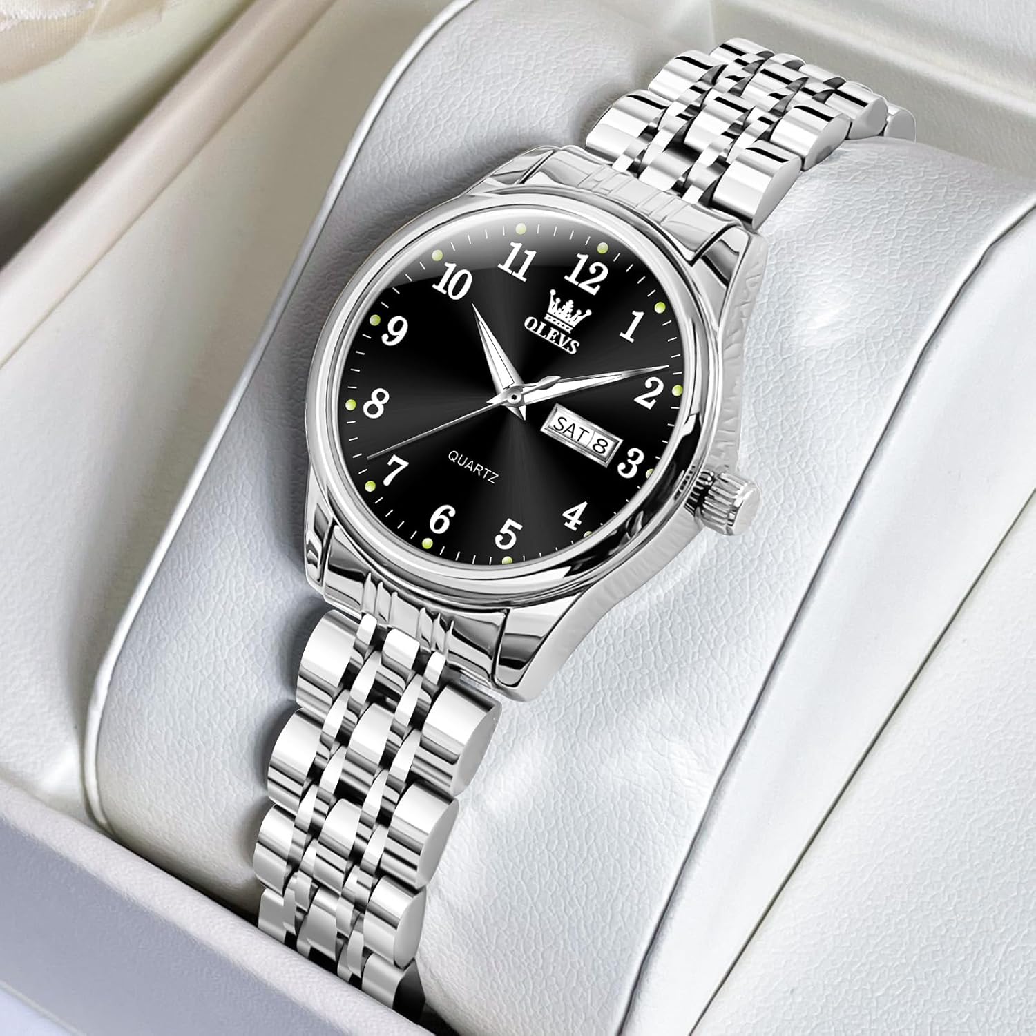 OLEVS Gold Watch for Women with Date Day Stainless Steel Waterproof Small Face Quartz Analog Ladies Watches Fashion Gold Black White Dial Female Wristwatch - Image 2