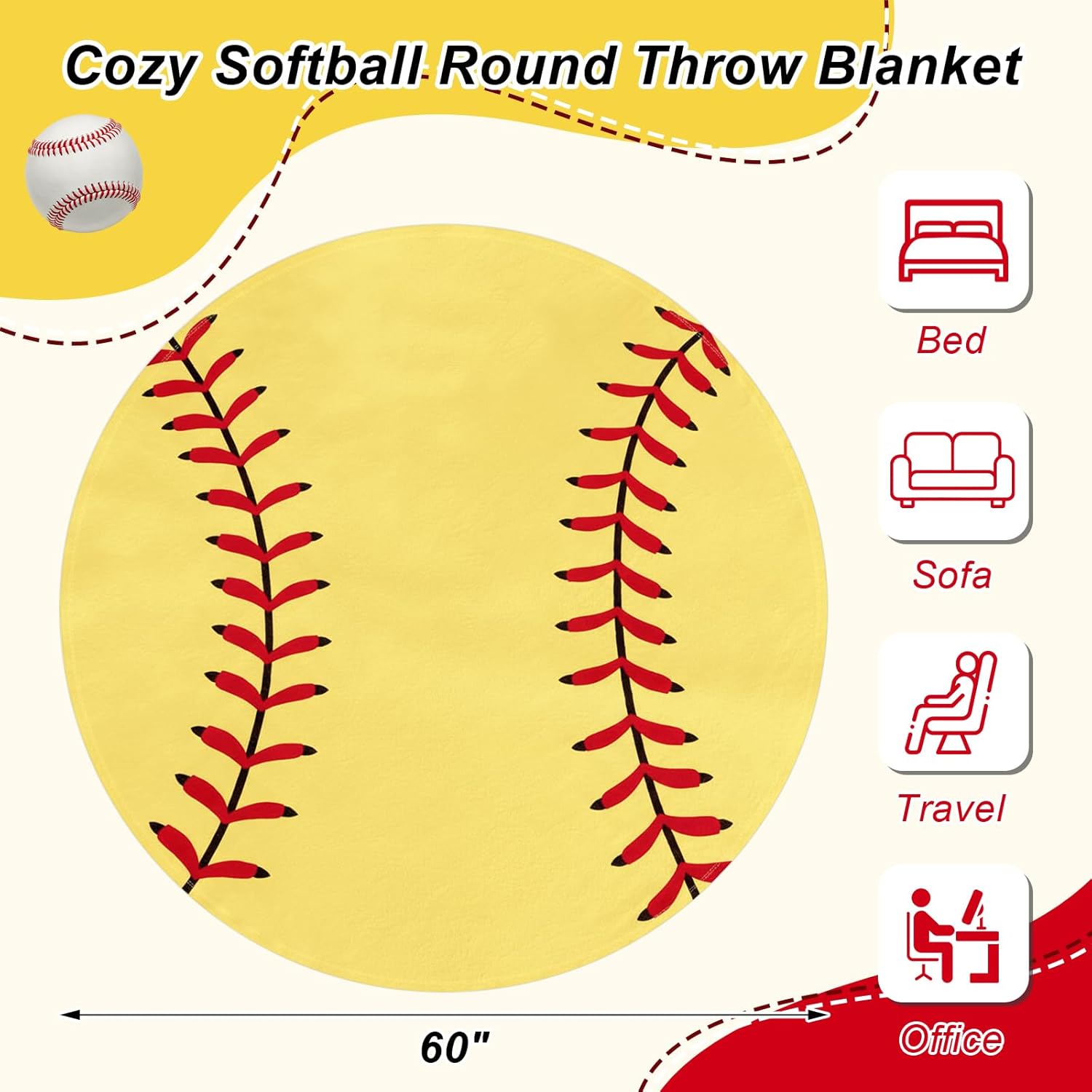 Hahafelt 60" Round Sports Throw Blanket for Teens Adults Soft Flannel Baseball Softball Tennis Soccer Baseketball Volleyball Novelty Blanket for Sports Fan Birthday Senior Night Gift(Softball)