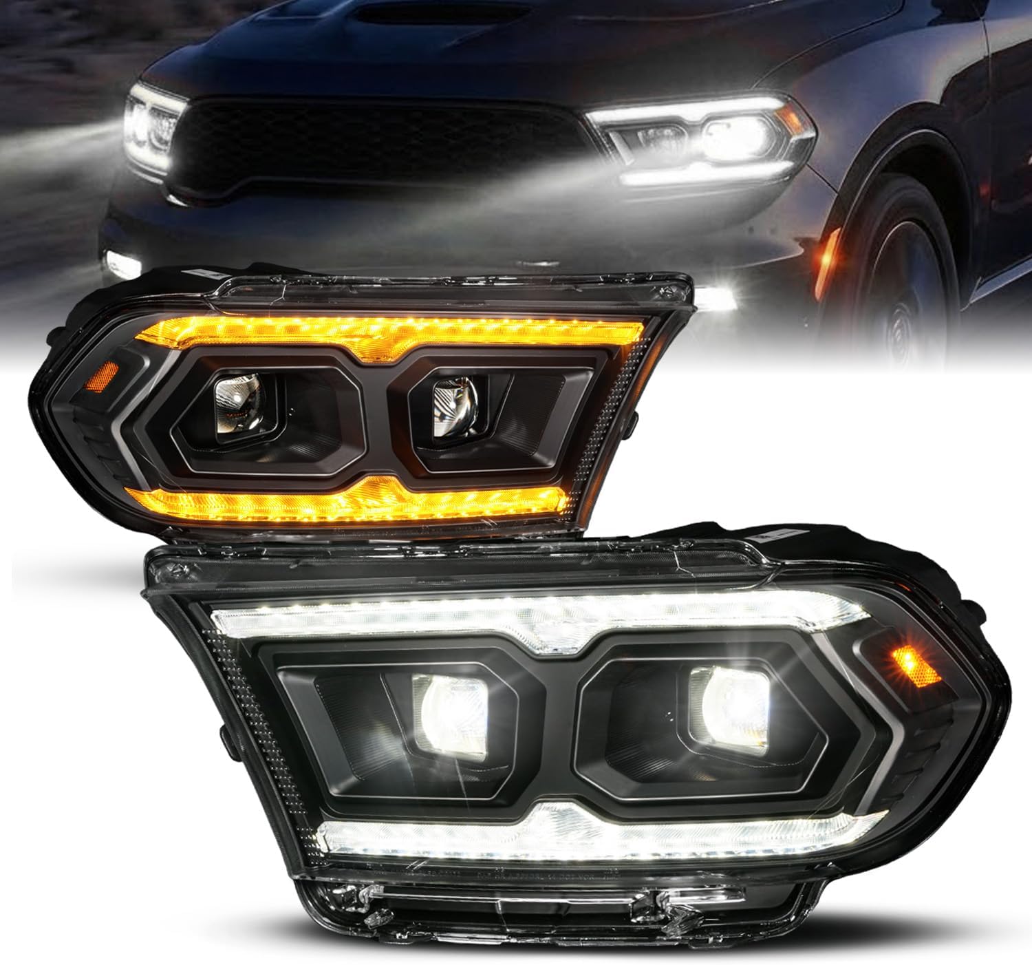 AmeriLite for 2014-2020 Dodge Durango [Full LED] Sequential Turn Signal Switchback DRL Tube Dual Square Projector Black Replacement Headlight Pair - Driver and Passenger Side