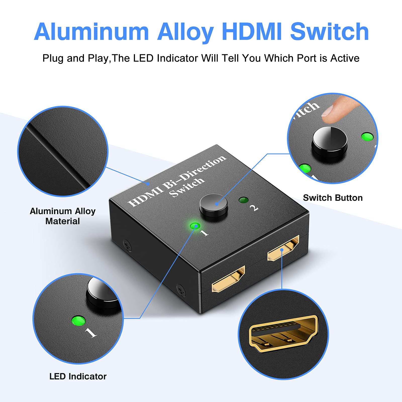 Switch HDMI 4K, Conmutador HDMI Switch 4K Aluminio Bidireccional 2 Entradas a 1 Salida o Switch 1 in 2 out, Duplicador HDMI Soporta 3D y 1080P, HDMI 2.0 Splitter para HDTV, BLU-Ray Player, PS3, Xbox