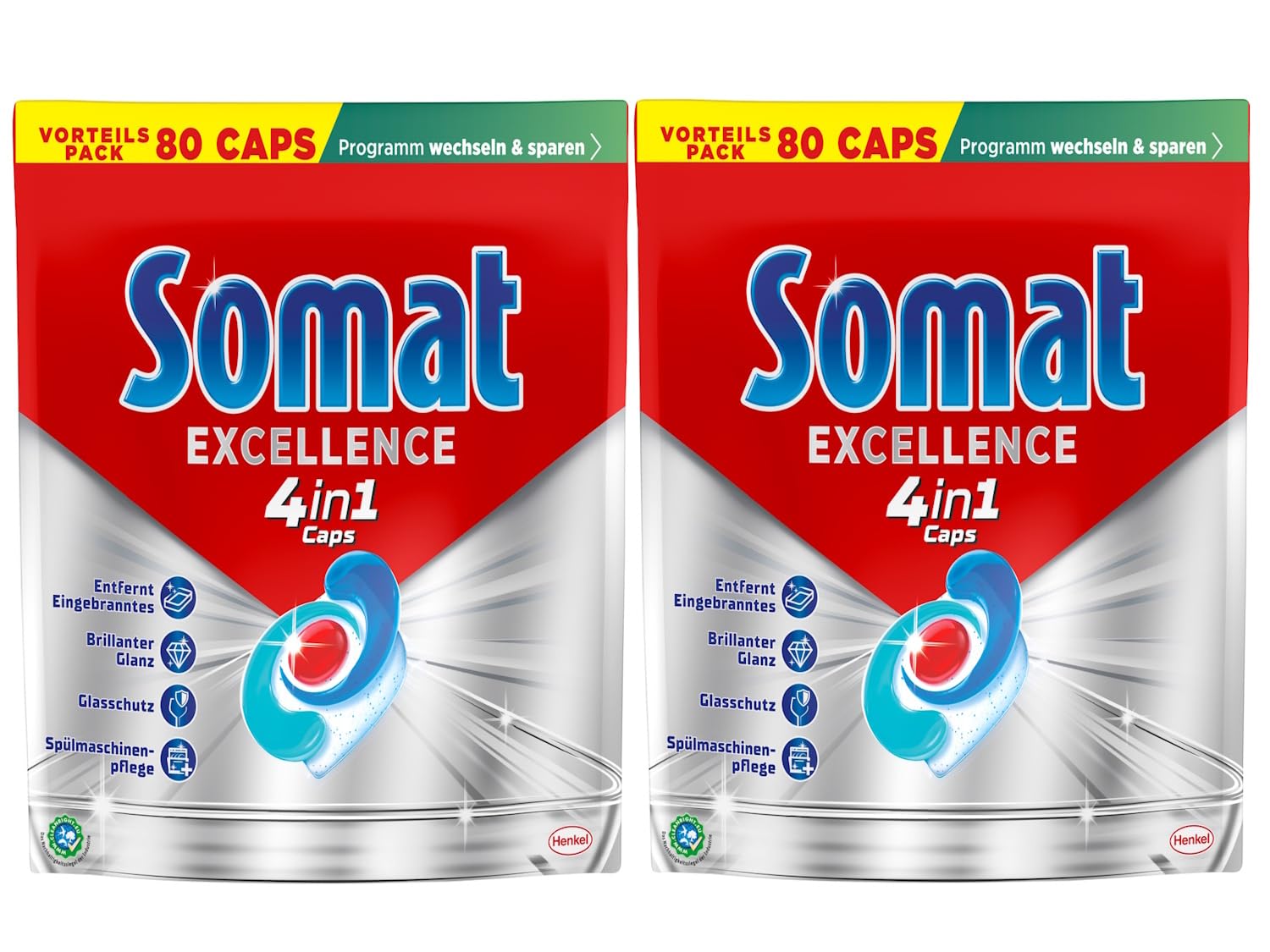Somat Excellence 4in1 Caps, 160 Caps (2 x 80 Caps), schnellauflösende Spülmaschinentabs, Caps für exzellente Reinigung & Glanz sogar im Eco-Programm & bei niedrigen Temperaturen