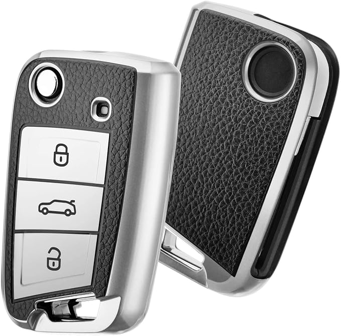 JVCV® Premium Soft TPU Leather Pattern Key Cover Compatible with Skoda Kylaq Slavia Kushaq Taigun Tiguan Virtus Octavia Kodiaq Superb Folding Key (Silver)