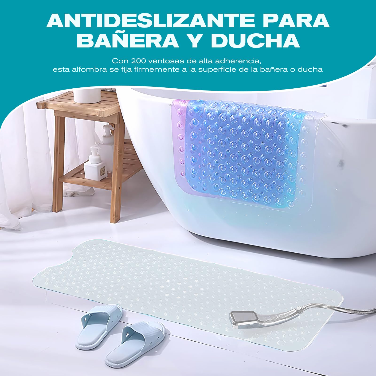 Alfombra Antideslizante para Bañera y Ducha 100x40cm, 200 Ventosas Ultra-Fuertes, Material Suave Antibacterial, Lavable a Máquina, Color Anti-Manchas, Seguridad Familiar (Transparente)