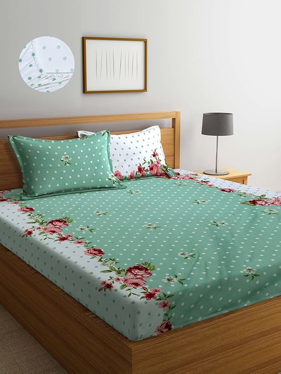 Arrabi Green Floral TC Cotton Blend Double Size Fitted Bedsheet with 2 Pillow Covers | AREBS-1313-Green