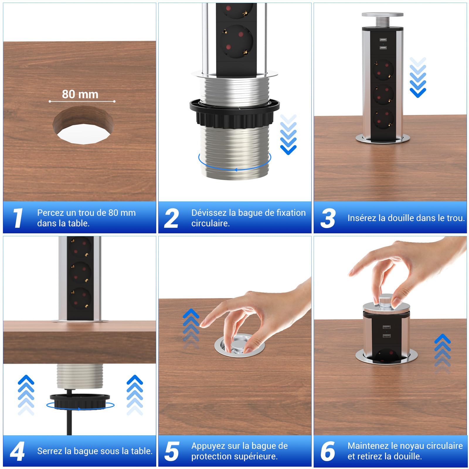 Presa a scomparsa piano di lavoro con 3 prese e 2 USB-A | Diametro 80 mm, cavo 1,8 m, multipresa da incasso per cucina, ufficio, camera da letto, soggiorno