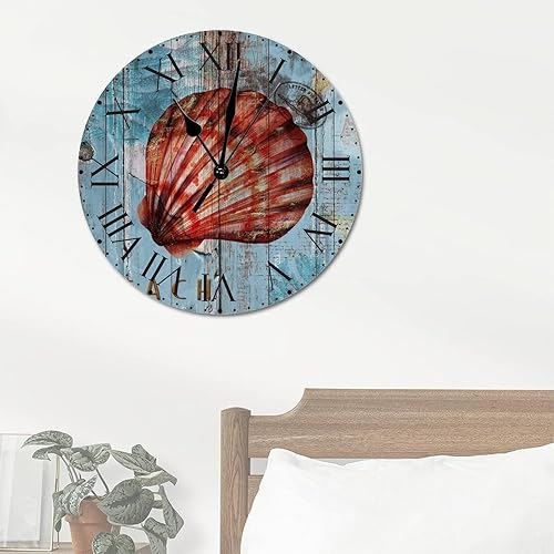 Miniatura 25 de ArogGeld Reloj de pared de PVC de mediados de siglo, concha, números de playa, estilo océano con números romanos de 10 pulgadas, funciona