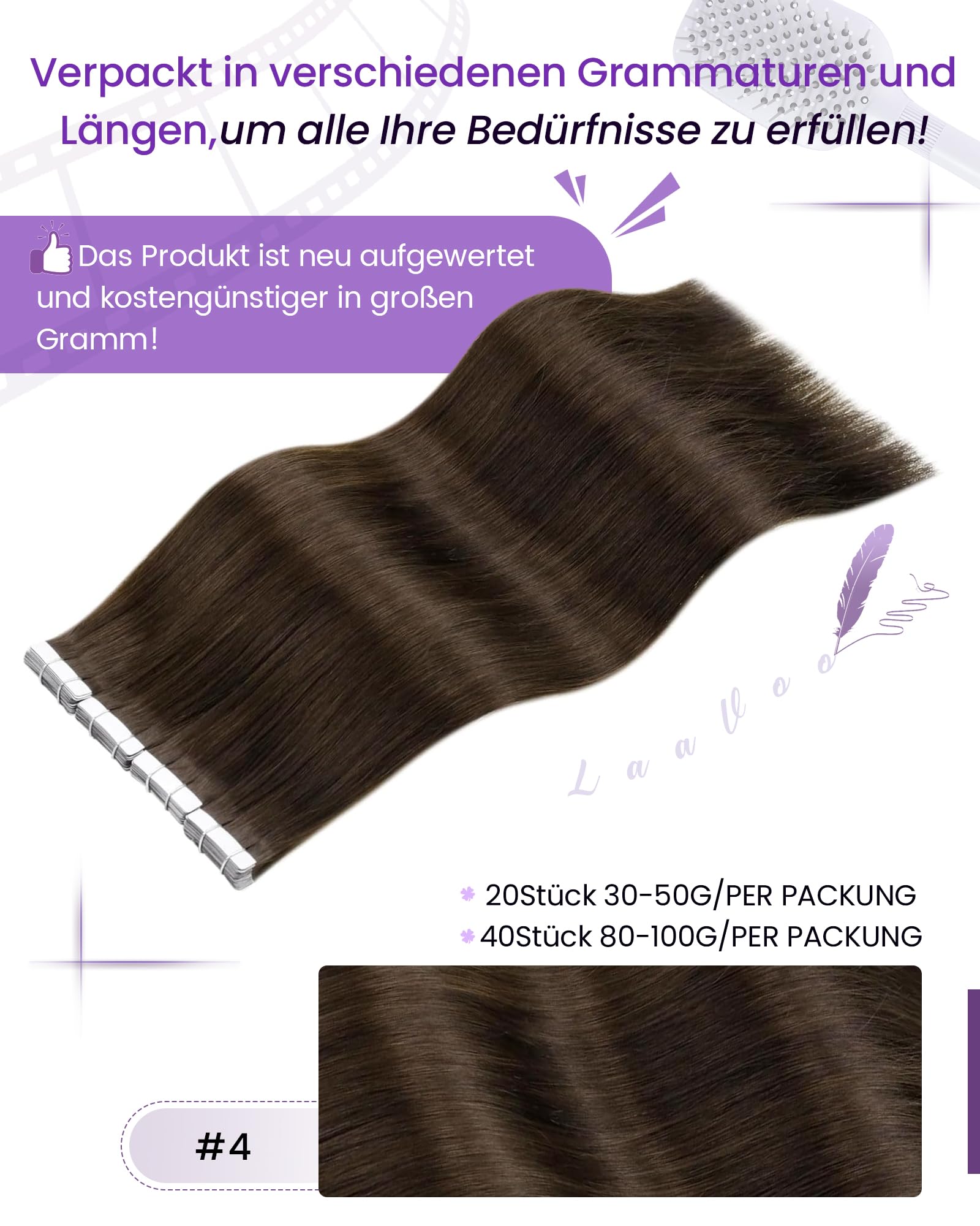 LaaVoo Extensions Echthaar Tape Braun Natürliche Tape in Extensions Dunkelbraun Tape in Extensions Echthaar Remy Menschliches 35cm 50g 20pcs #4