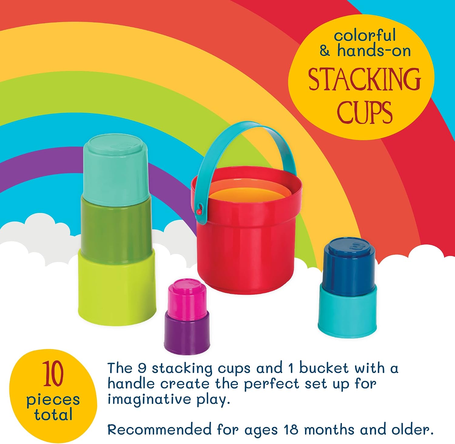 Battat Stacking Cups, Plastic Nesting Toys for Water and Sand - Early Educational Building Toys - 18Months+, 10 Pieces