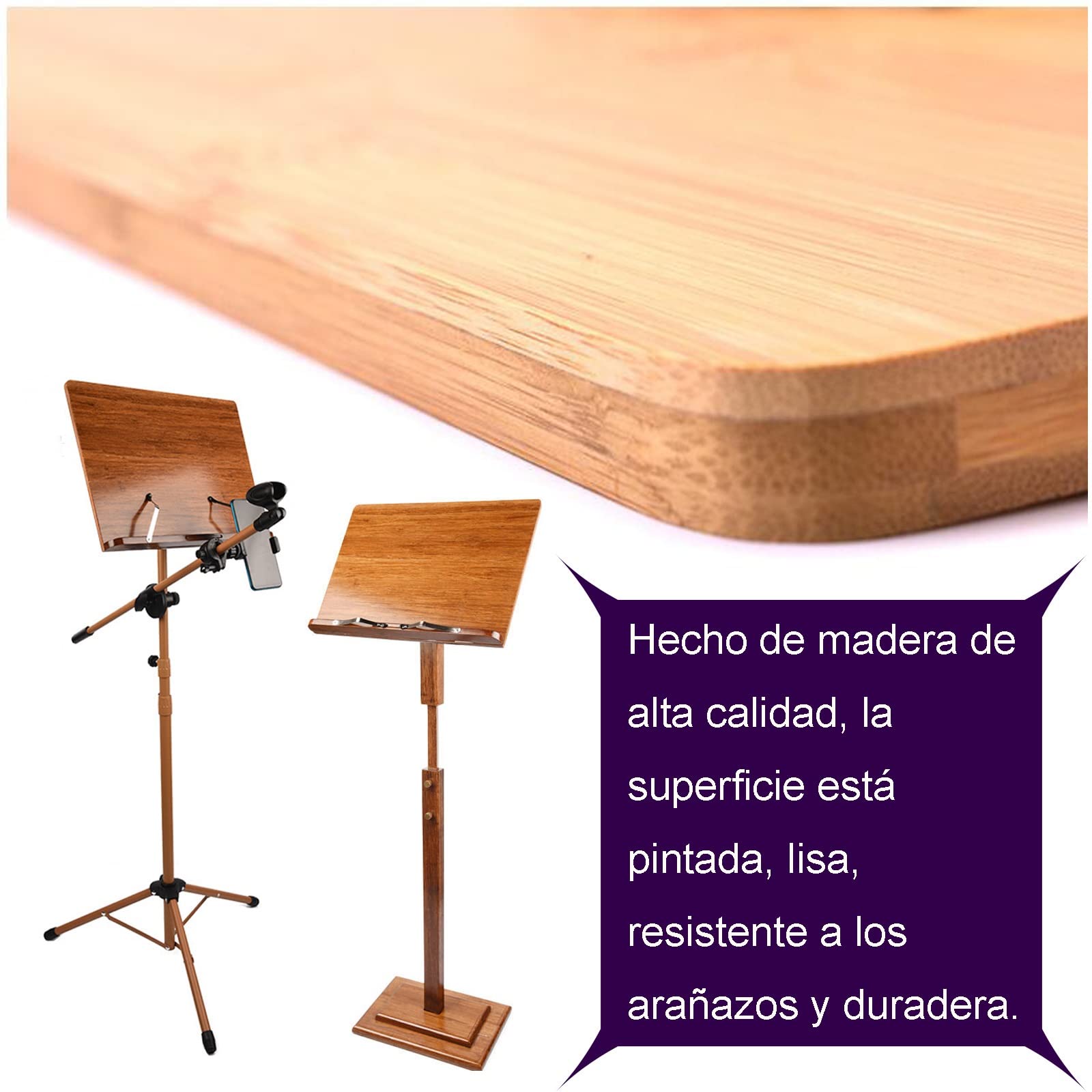 Pupitre à partitions à Double Usage et pupitre de Bureau, pupitre de Guitare, Pas Facile à Plier ou à secouer, et Beau, pupitre avec Support de téléphone et Micro (Bois 17 cm x 45 cm x 75 cm)