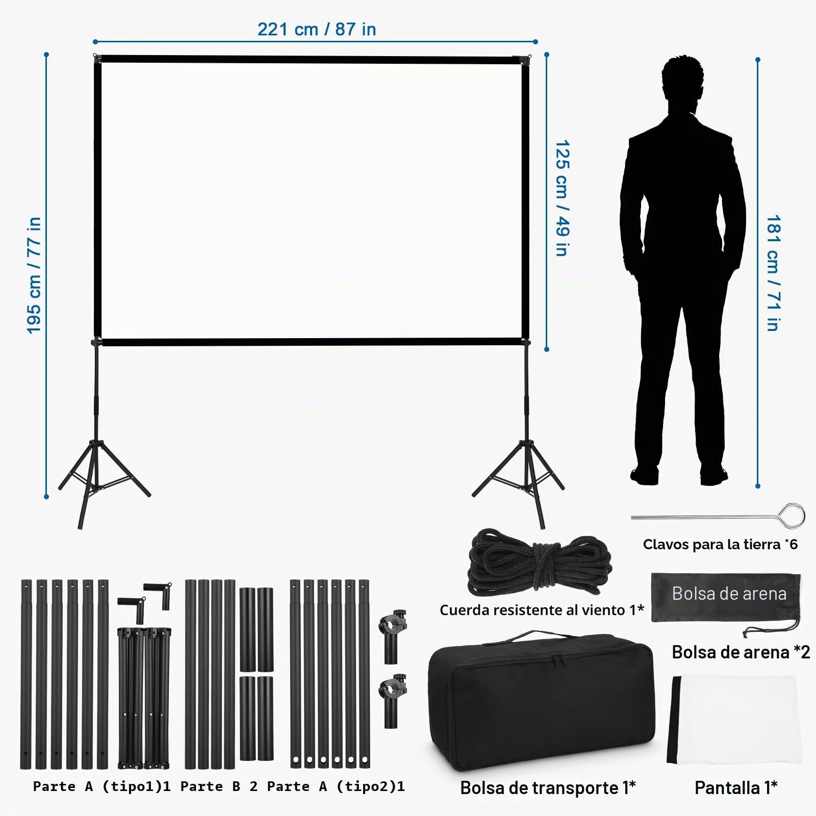 Pantalla de proyección con trípode, pantalla de proyector de 100 pulgadas, portátil para cine al aire libre, sin arrugas 16:9 HD frontal y trasera, proyección de jardín con bolsa de transporte para