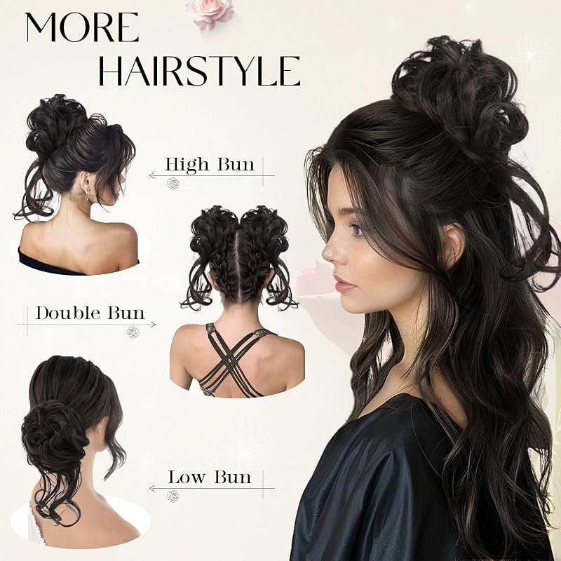 Coc fals ondulat Sofeiyan cu bandă elastică, extensie de păr sintetic tip „messy bun” pentru femei, negru cu vârfuri gri