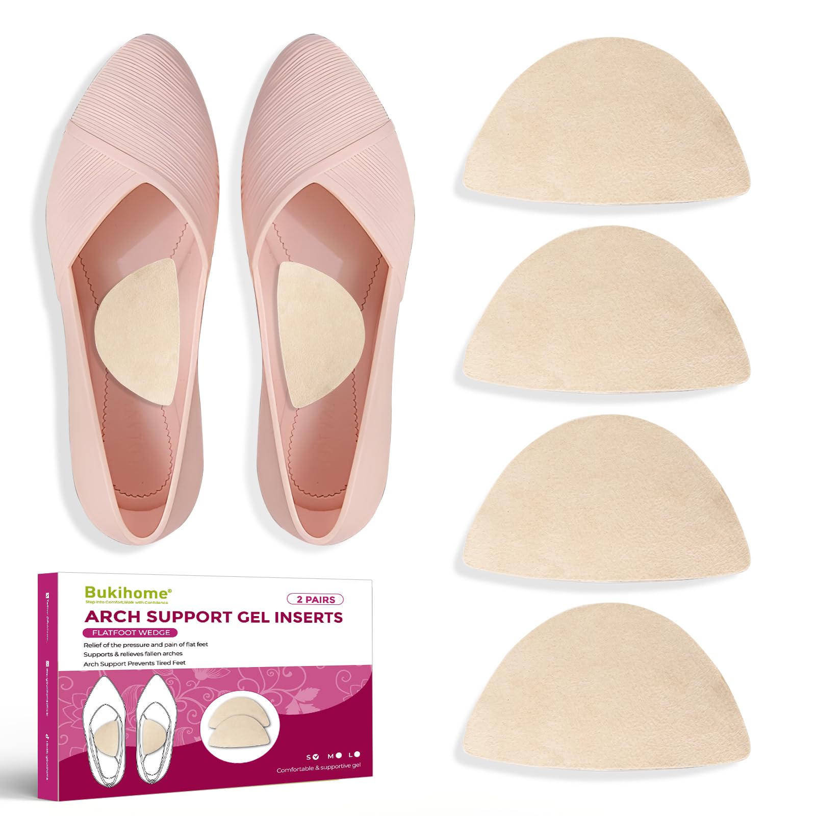 Bukihome Arch Support Inserts for Plantar Fasciitis - Anti Gravity Design - 2 Pairs Adhesive Gel Arch Pads for Women &amp; Men - High Arch Support Insoles for Flat Feet,Relieve Pressure - Beige,Small