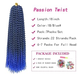 18 Inch Passion Twist Hair, Ombre Blue Water Wave Crochet Hair for Women Passion Twists Braiding Hair Long Bohemian Synthetic Curly Braiding Hair Extensions Passion Twist Crochet Hair(7pcs,1B/Blue)