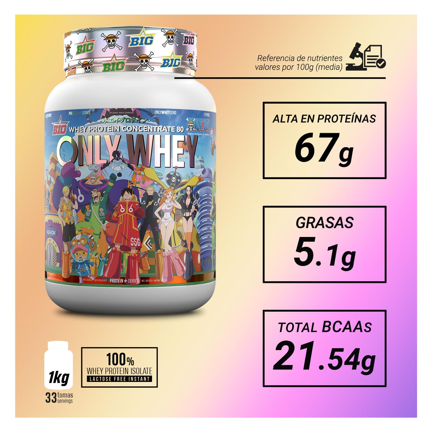 BIG - Protéine Whey One Piece - Drop édition limitée avec hologramme officiel et 12 tasses à collectionner. Whey Protein Matière première Premium pour masse musculaire (1 kg, saveur tropicale Sour