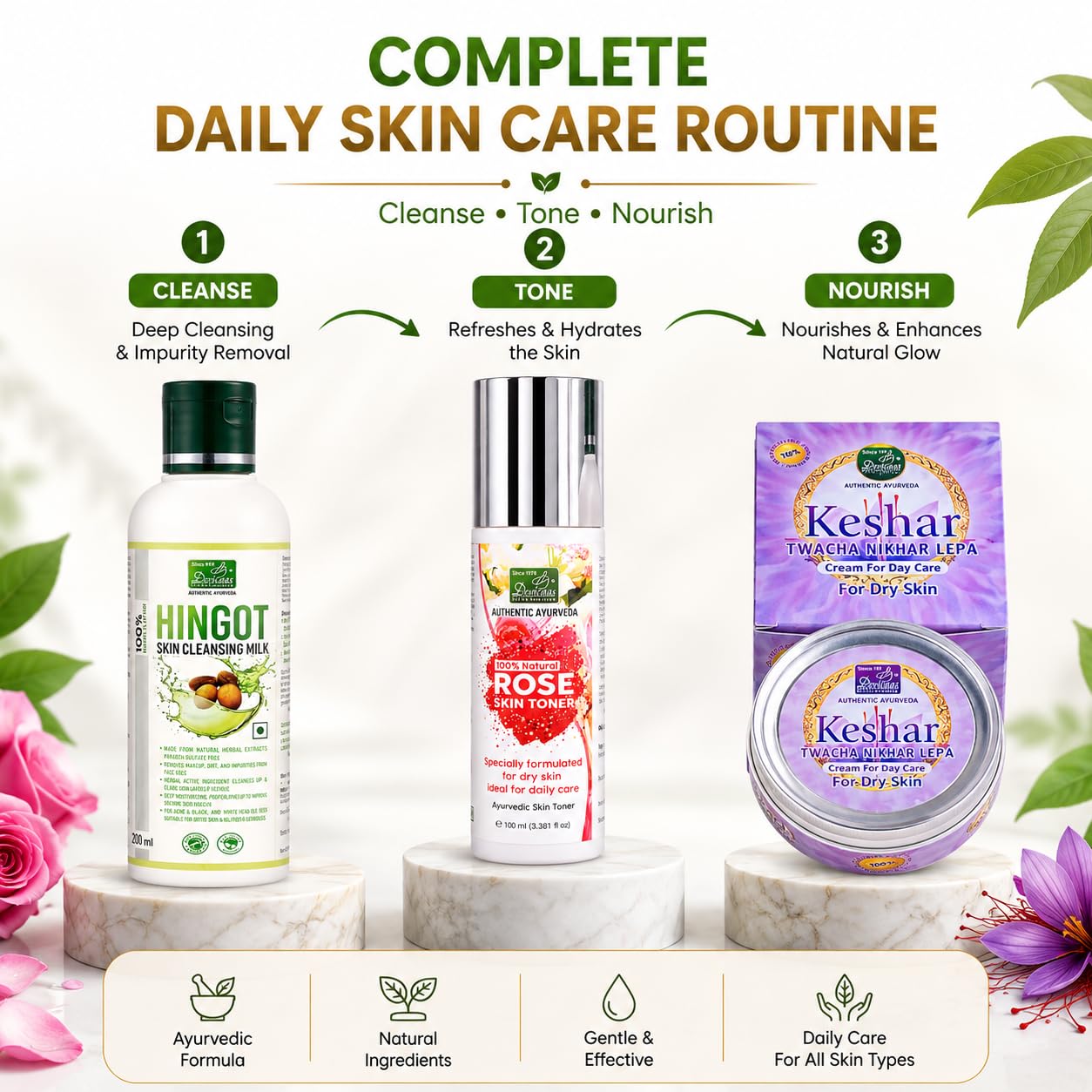 Devicaas Ayurvedic Normal to Dry Skin Care Combo | Rose Skin Toner 100ml + Hingot Skin Cleansing Milk 120ml + Keshar Twacha Nikhar Lepa 50g | Hydrating Brightening Daily Skincare Kit for Men & Women 4
