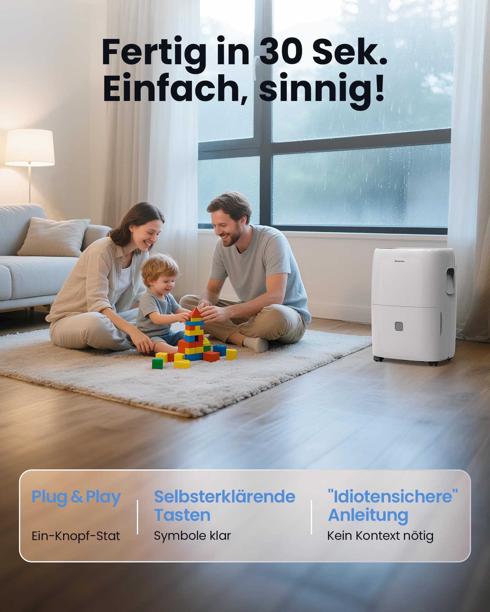 Newentor Luftentfeuchter elektrisch 25L, Entfeuchter elektrisch keller, Raumentfeuchter elektrisch, Dehumidifiers for home für 215m³/80m², mit Timer, Filter und 1M Ablaufschlauch, 10 J. Gar.