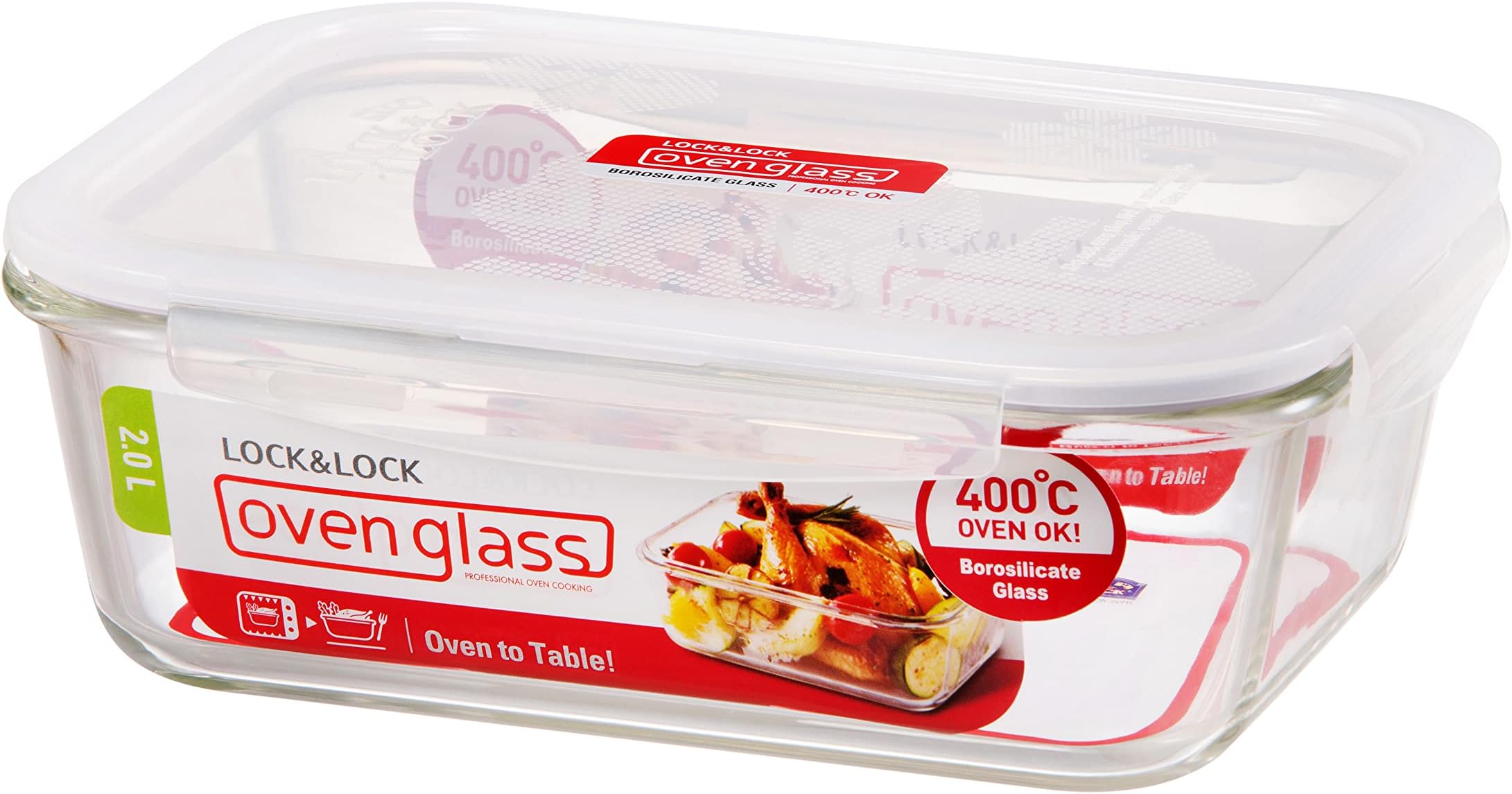 Lock & Lock LocknLock LLG455, Oven Safe, BPA Free, 100% Airtight, Food Storage Container with Lid, Clear, W 24.8 x H 17.6 L 10.8 cm, 8.45-cup, Rectangular, Borosilicate Glass