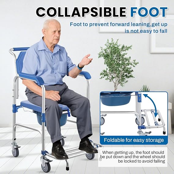 4-in-1 Rolling Shower Chair with Wheels,Waterproof Disabled Wheeled Bathroom Shower Chair for Elderly,Commode Toilet Chair with Removable Bucket, Bedside Commode Chair on Wheels for The Disabled
