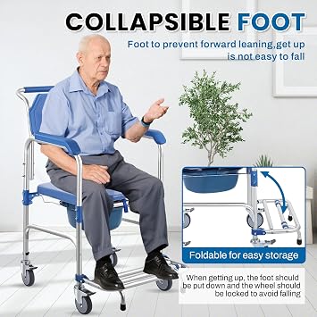4-in-1 Rolling Shower Chair with Wheels,Waterproof Disabled Wheeled Bathroom Shower Chair for Elderly,Commode Toilet Chair with Removable Bucket, Bedside Commode Chair on Wheels for The Disabled