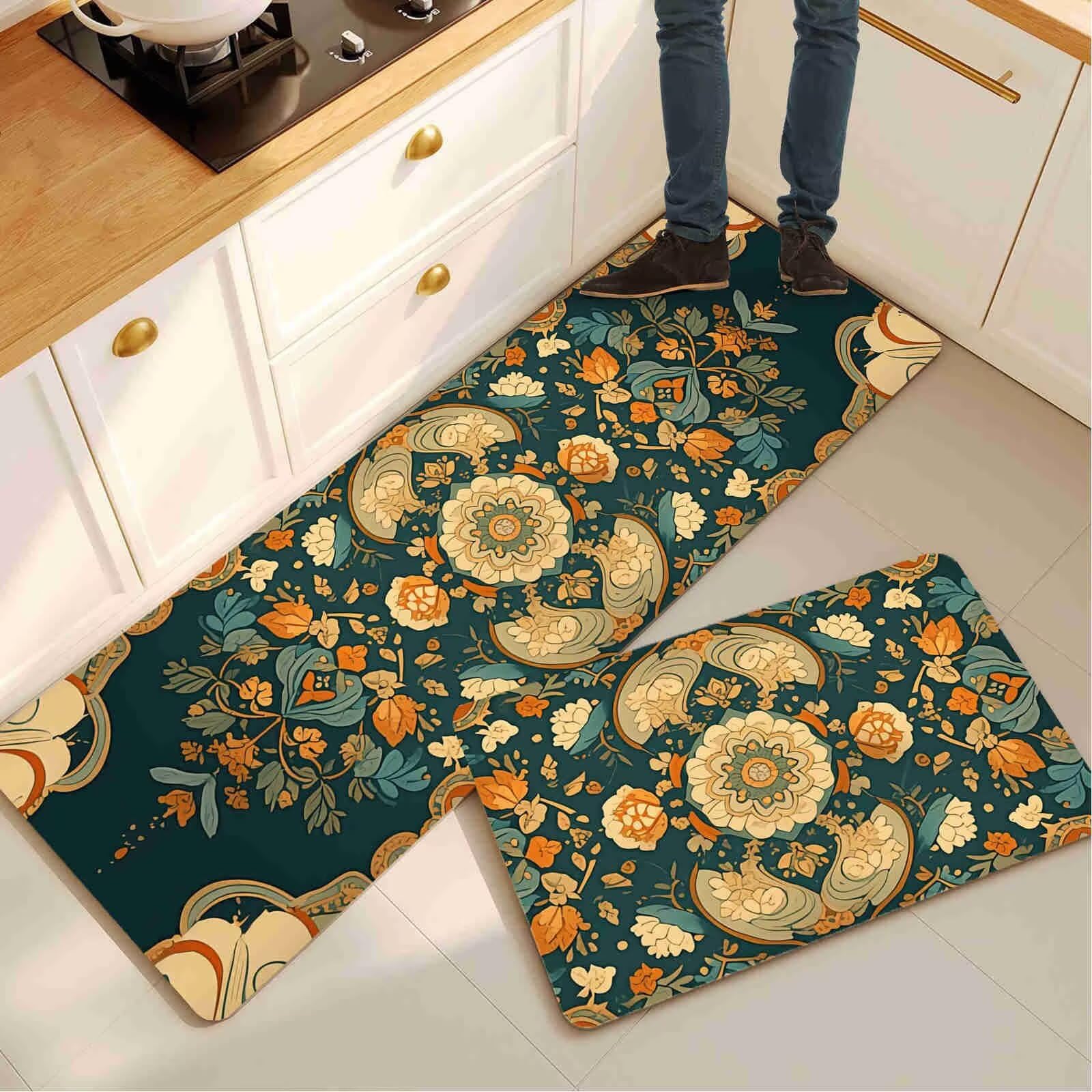 Alfombra de cocina antideslizante y lavable en color verde, juego de 2 piezas antifatiga