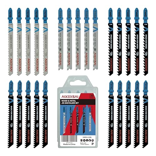AIKENSAI Juego de 30 hojas de sierra de calar T101B T144D T111C T118A, vástago en T para madera, plástico, metal, surtido de hojas de sierra de
