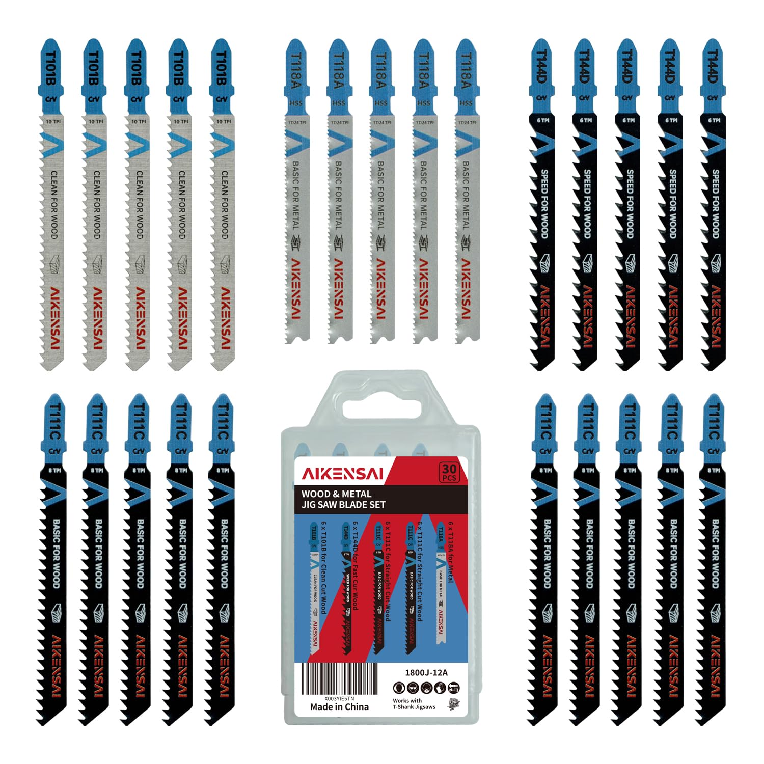 AIKENSAI 30-Piece T101B T144D T111C T118A Jigsaw Blades T Shank for Wood Plastic Metal Assorted Jig Saw Blade Set Compatible with RYOBI Milwaukee Makita Bosch DeWalt etc