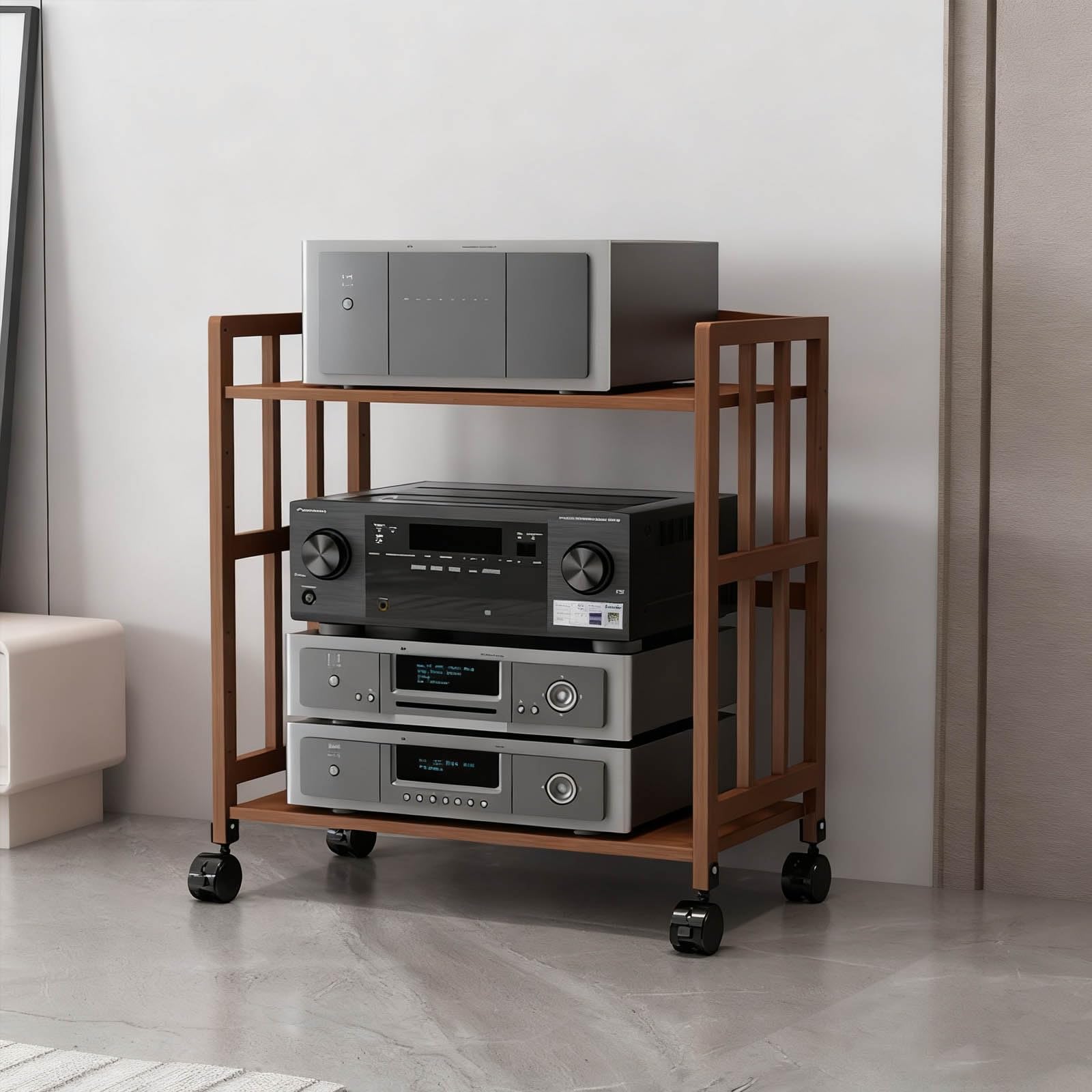 Stojak na odtwarzacz CD, ruchomy stojak na audio HiFi, półka z regulacją wysokości z kółkami, do przechowywania multimediów do domu, biura i teatru