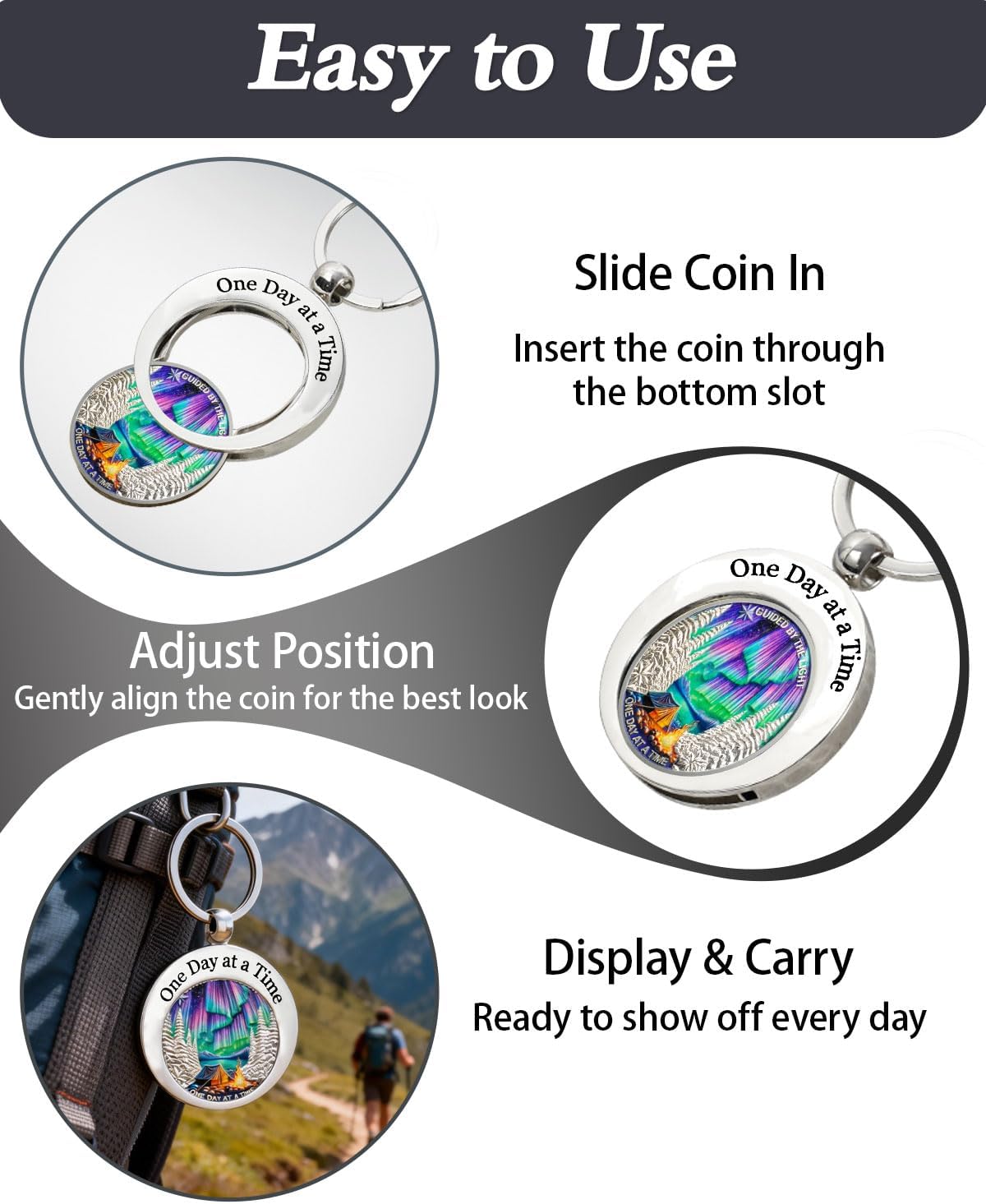 AA Coin Holder Keychain - One Day At A Time Stainless Steels Sobriety Chip Keychain Holder, Double Sided Display Fits AA Recovery Medallion Inspirational Sobriety Gifts for Women & Men