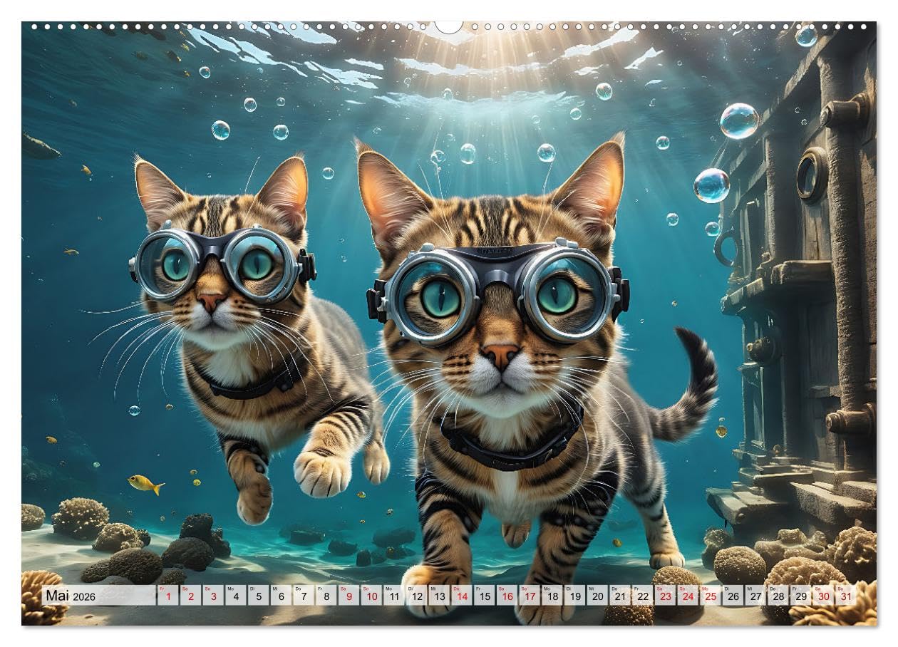 Katzen unter Wasser (Wandkalender 2026 DIN A2 quer), CALVENDO Monatskalender: Amüsante Bilder tauchender Samtpfoten verschiedener Rassen in einer traumhaften Unterwasserwelt (CALVENDO Tiere)