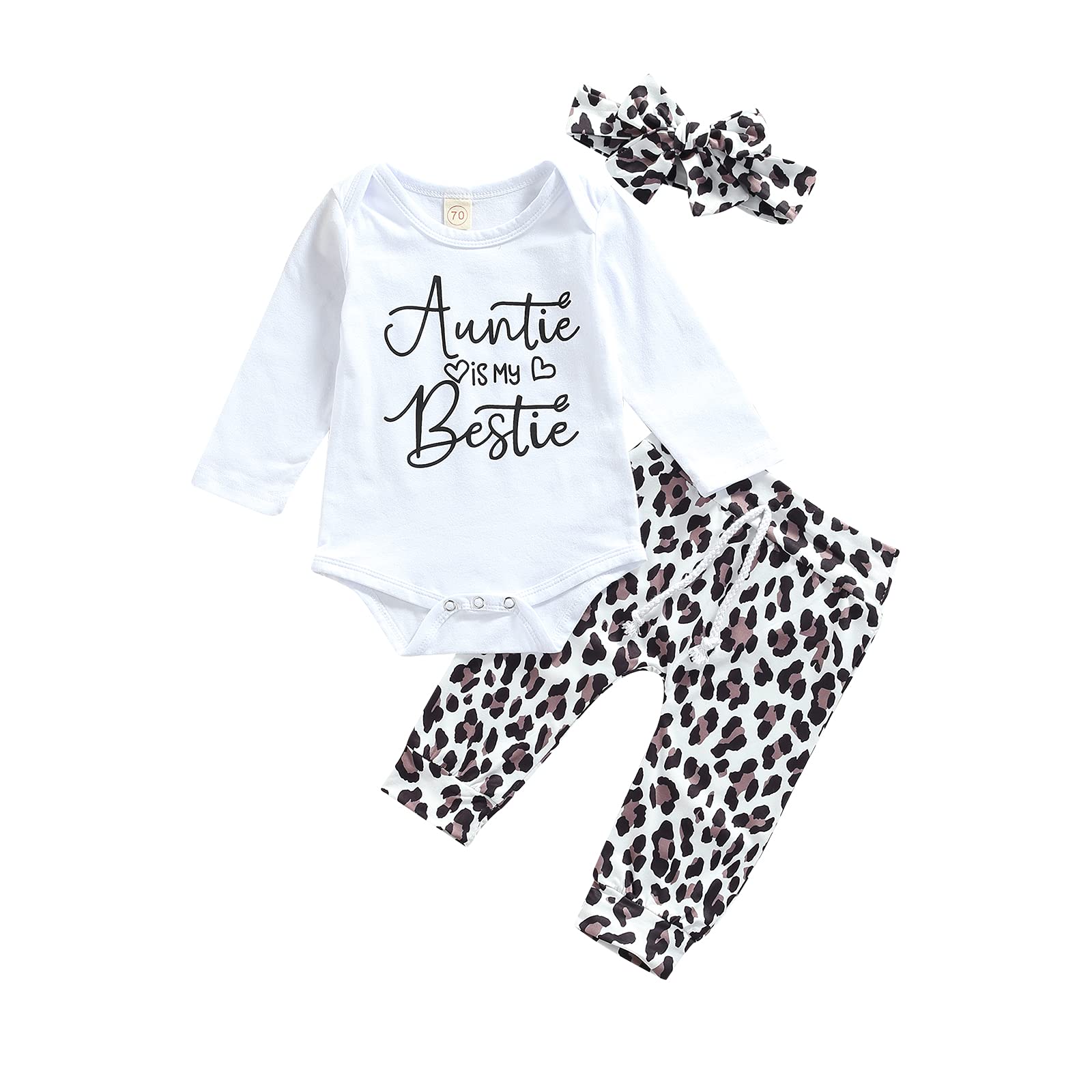 Thorn Tree Newborn Infant Baby Girl Fall Winter Clothes Set Long Sleeve White Bodysuit+ Leopard Pants+Headband 3PCS Outfits