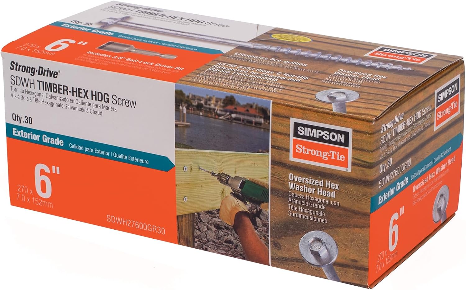 Simpson Strong-Tie SDWH27600GR30 Strong-Drive SDWH Timber-HEX HDG Screw 0.276 in. x 6 in. 3/8 Hex (30-Qty)