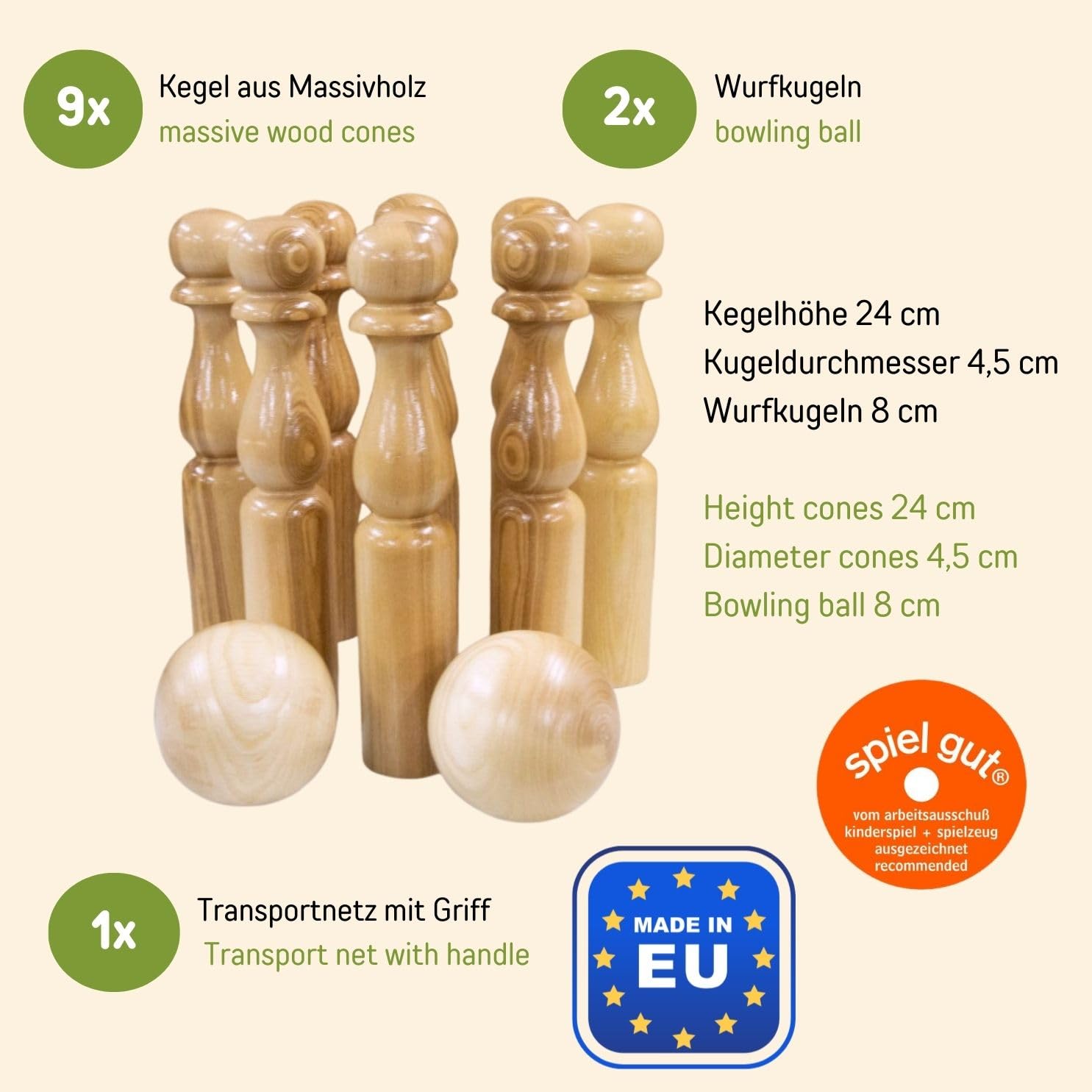 GICO Juego de Conos de Bolos de Madera para niños y Adultos, diversión en Interiores y Exteriores, con Productos de Calidad de Madera Maciza, 24 cm – 3018