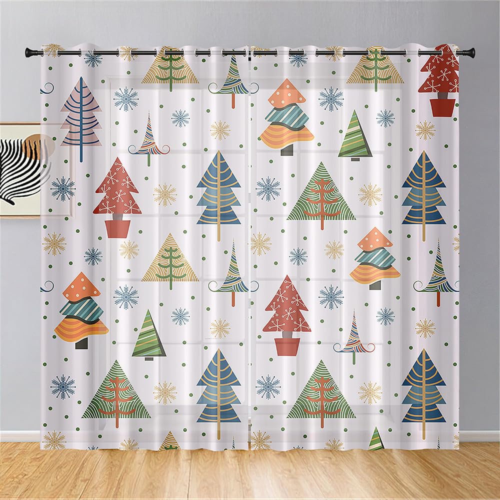 Surwin Navidad Imprimir Translucidas Cortinas Salon, 2 Piezas Cortina con Ojales, Cocina Dormitorio Cortinas y Moderno Visillos Visillos Cortos para Ventanas (80x115cm,Árbol de Navidad)