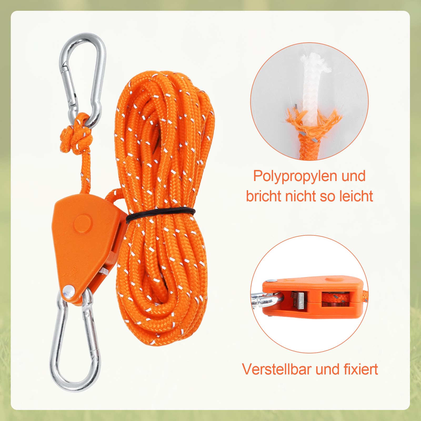 8 Stück Flaschenzug mit Seilbremse, 4m Seilratsche Einstellbar Abspannseile φ 4mm Seilspanner mit Karabiner für Camping Zelte