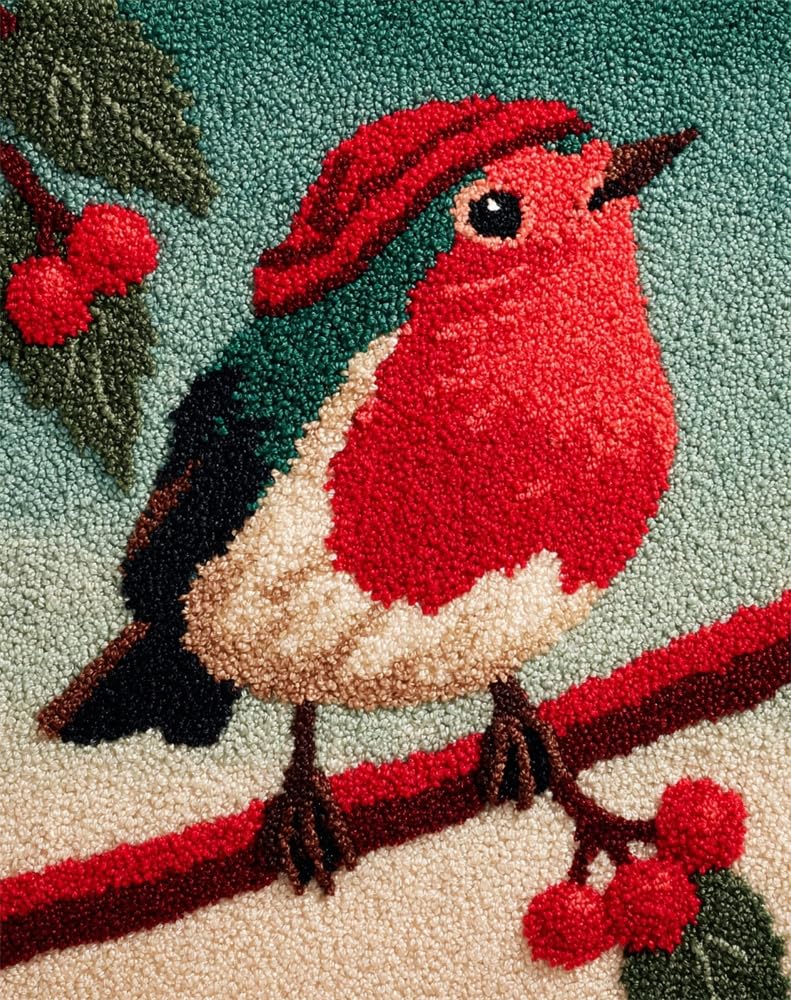 FWRTYCB Latch Hook Kits Rugs,Christmas Robin Bird Xmas