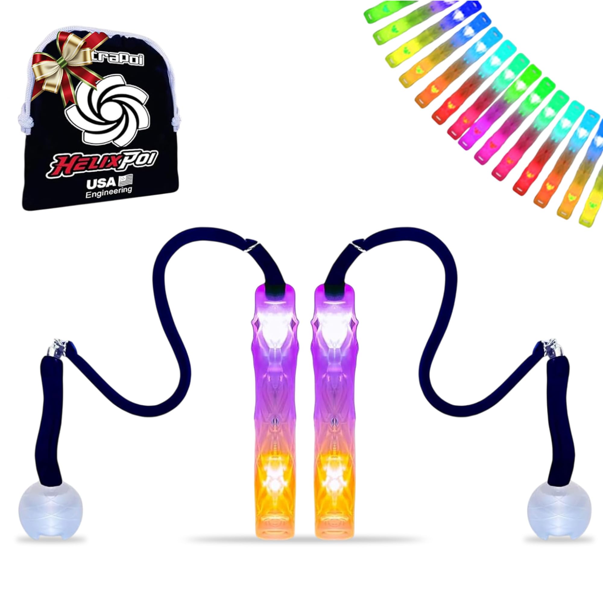 UltraPoi HelixPoi Set - Helix Poi w/Non-LED Knob Handles - 70+ Brilliant Color Modes & Patterns - LED Poi Glow Stick Lights w/Soft Durable Cases & Adjustable Leashes - Flow Arts Light Spinning Toy