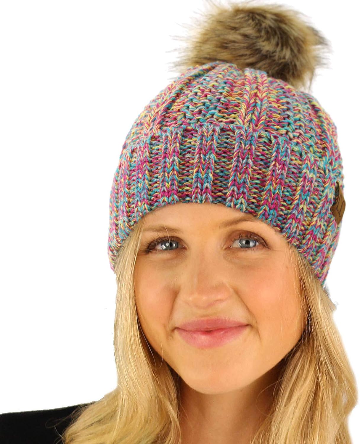 C.C Winter Sherpa Fleeced Lined Chunky Knit Stretch Pom Pom Beanie Hat Cap (Mix Rainbow)