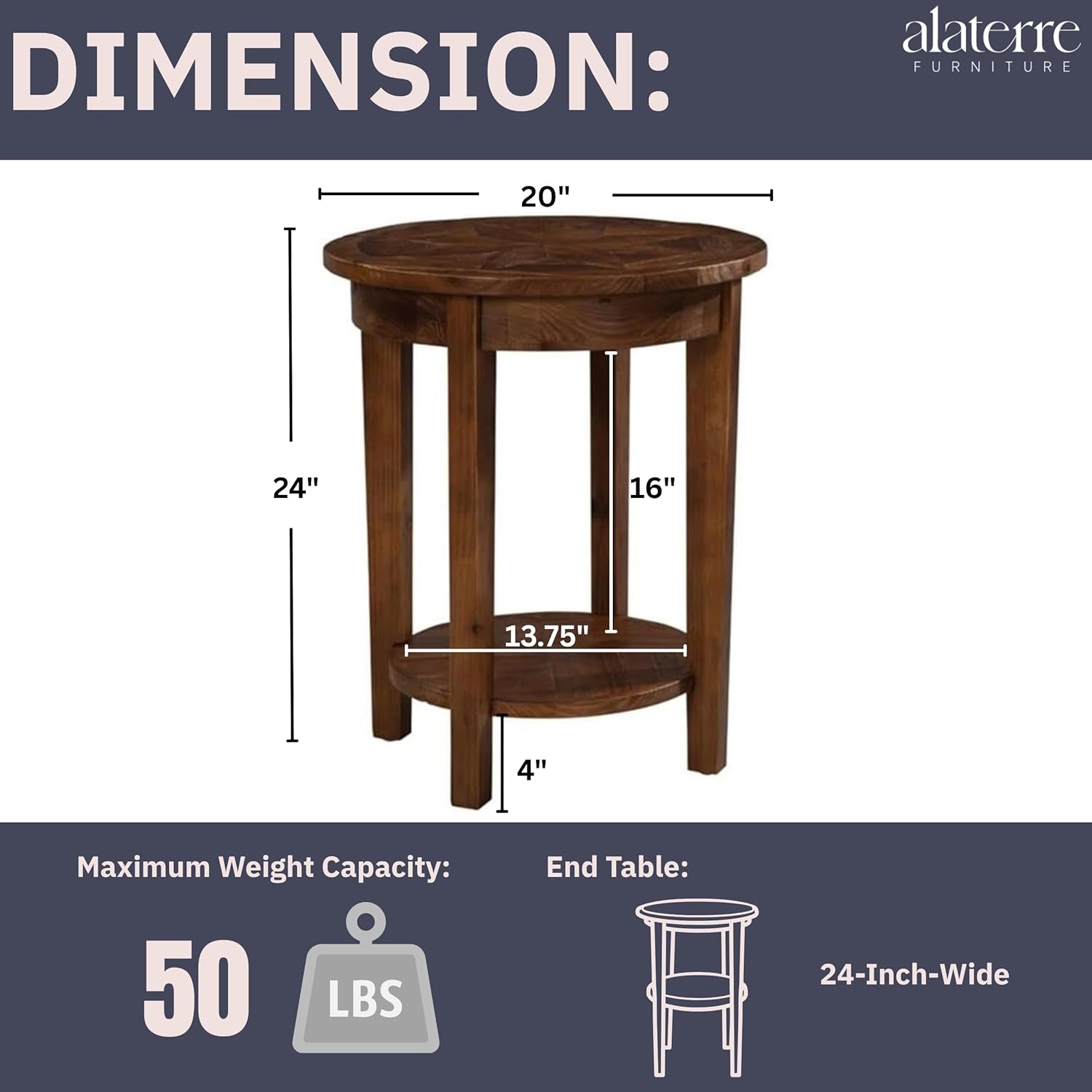 Alaterre Furniture Revive 20 Inch Round End Table with Bottom Shelf for Storage, and Unique Wood Characters - Modern Rustic Living Room Furniture