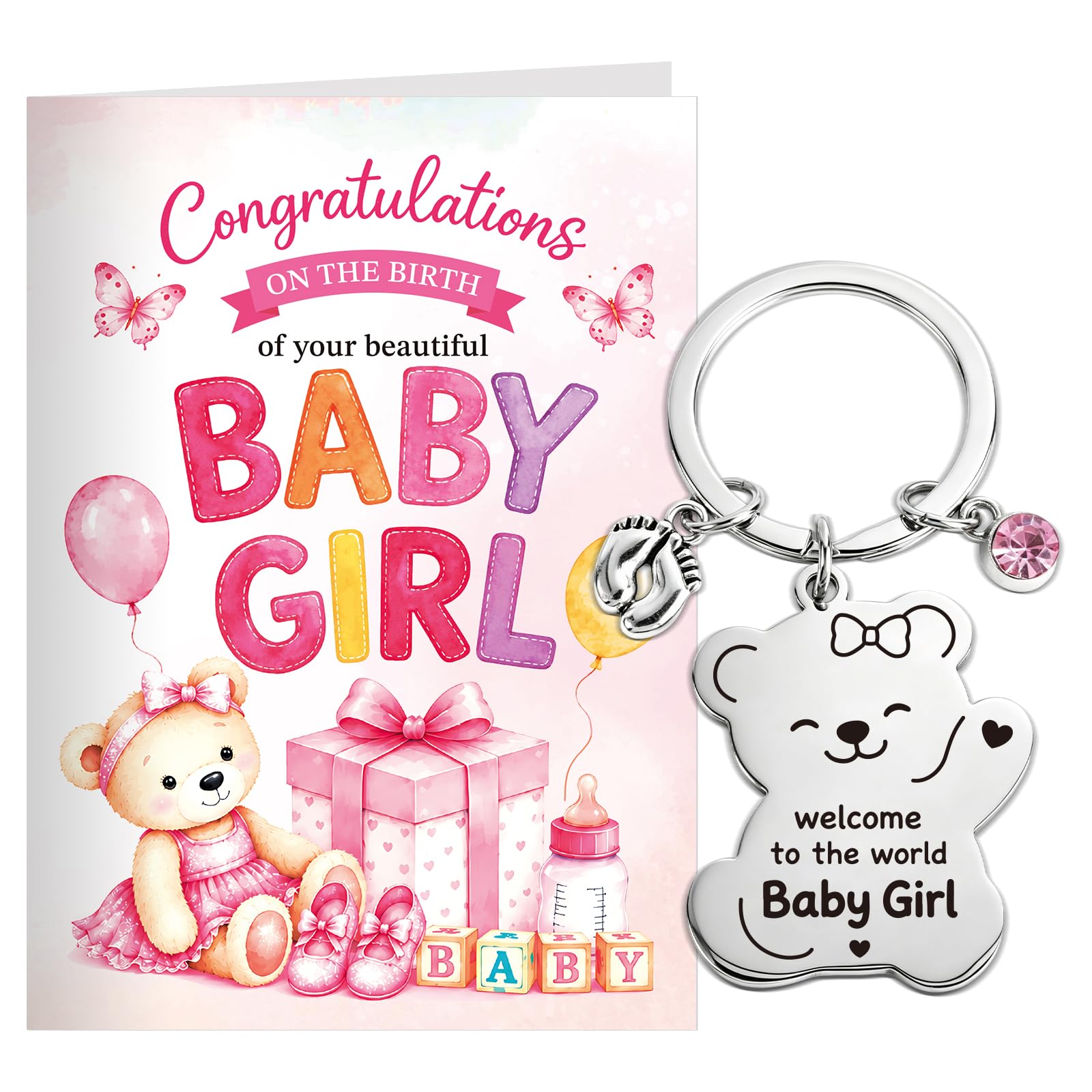 New Baby Girl Gifts, Baby Girl Card with Keyring Baby Shower Newborn Gift