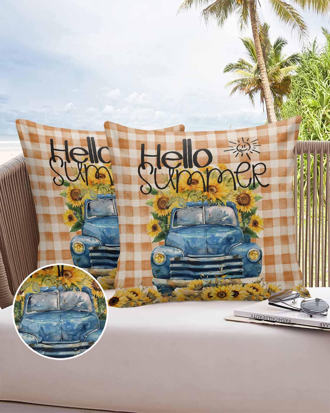 HELLOWINK Outdoor Pillows Waterproof Pillow Covers Set of 2 Farmhouse Truck Sunflower Polyester Throw Pillow Covers Garden Cushion Case for Patio Funiture Sofa Decoration 20x20inch Buffalo Plaid