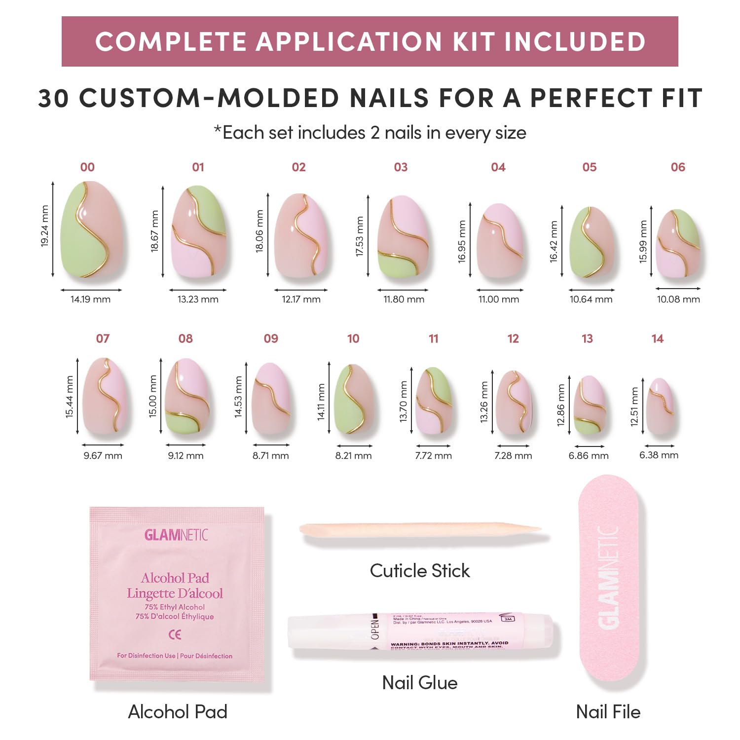 Glamnetic Press On Nails - Strawberry Matcha | Short Oval Fake Nails with Pink & Green Swirl Design and Gold Foil Accents in Glossy Finish, Salon Quality | 15 Sizes - 30 Nail Kit with Glue - 5