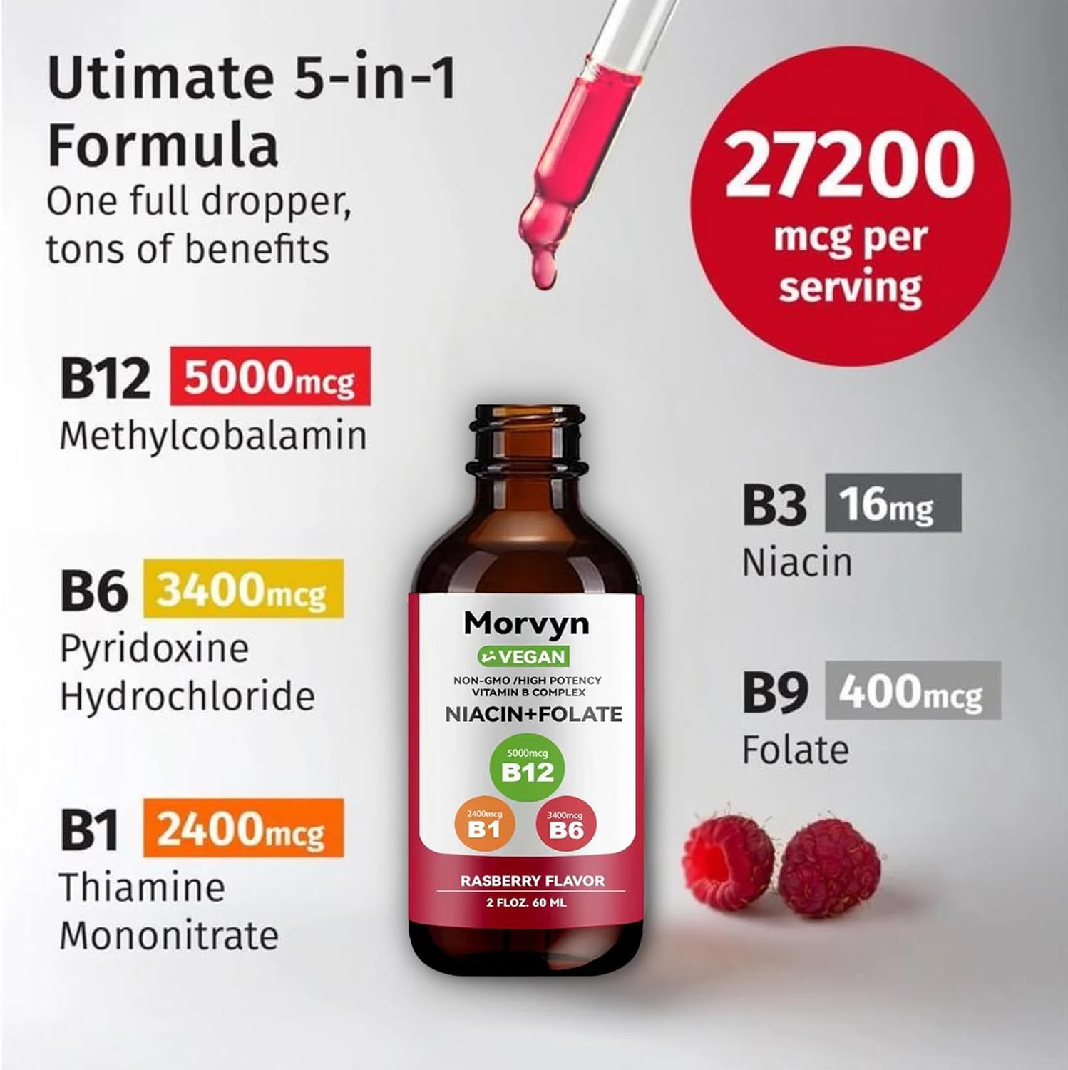 Morvyn Essential Vitamin Liquid Drops | 5-in-1 Vitamin B Complex Liquid Drops | B12 B6 B1 Drops - 60ml (1pc)