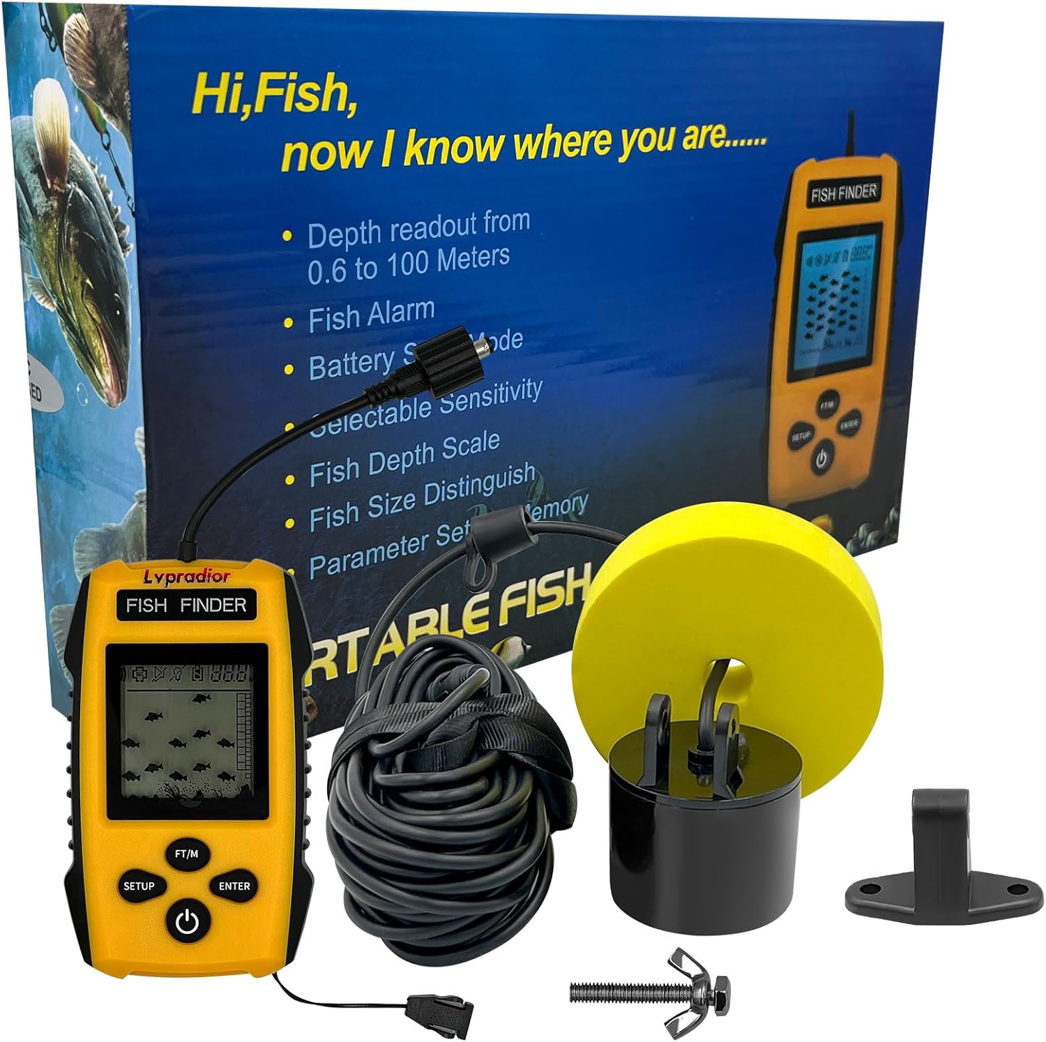 Fishing Finder Wired Fishing, Portable Fish Depth Finder, Sonar Sensor Fishing Alarm for Fish Depth Detection, Kayak Boat Sea Fishing Gear Water Depth Finder Handheld Fishfinder with LCD Display