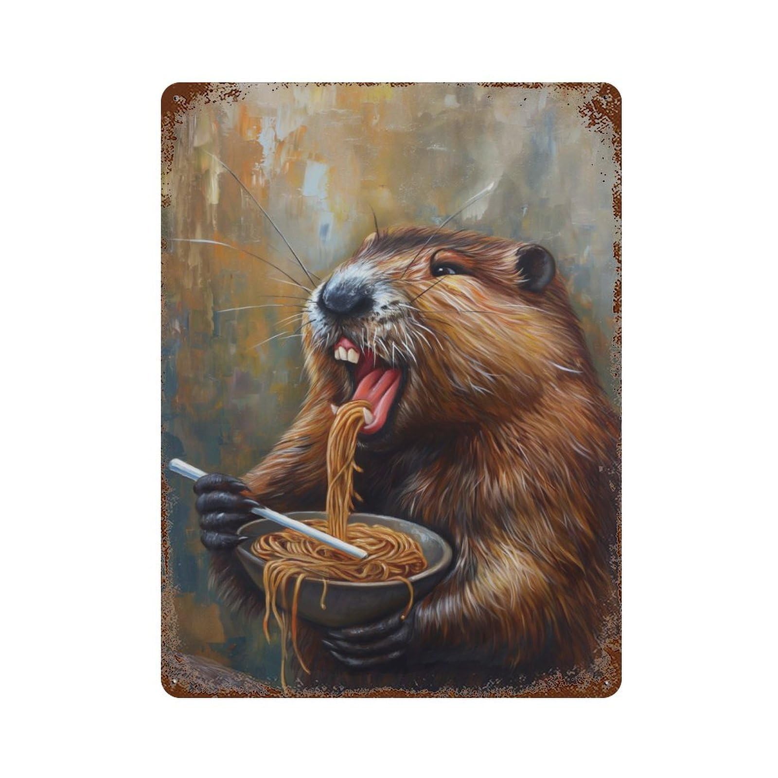 Funny Beaver Ramen Noodles Decorative Tin Sign 15.7"x11.8", Industrial Home Decor for Garage, Pub Or Kitchen