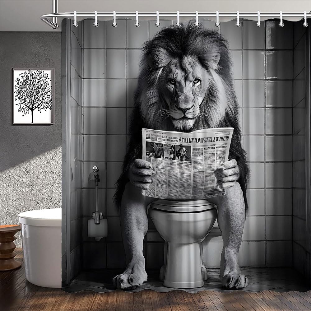 WUASDCS Funny Lion Shower Curtain Farmhouse Cool Fun Wild Animal Humor Leo Animal on Toilet African Funky Large Cat Man Grey Bathroom Decor Polyester