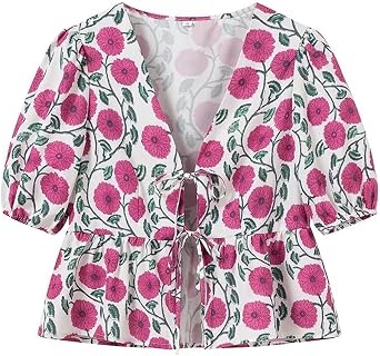Women Tie Front Y2K Babydoll Tops Summer Puff Short Sleeve Cute Ruffle Floral Shirts Going Out Trendy Tops Blouse