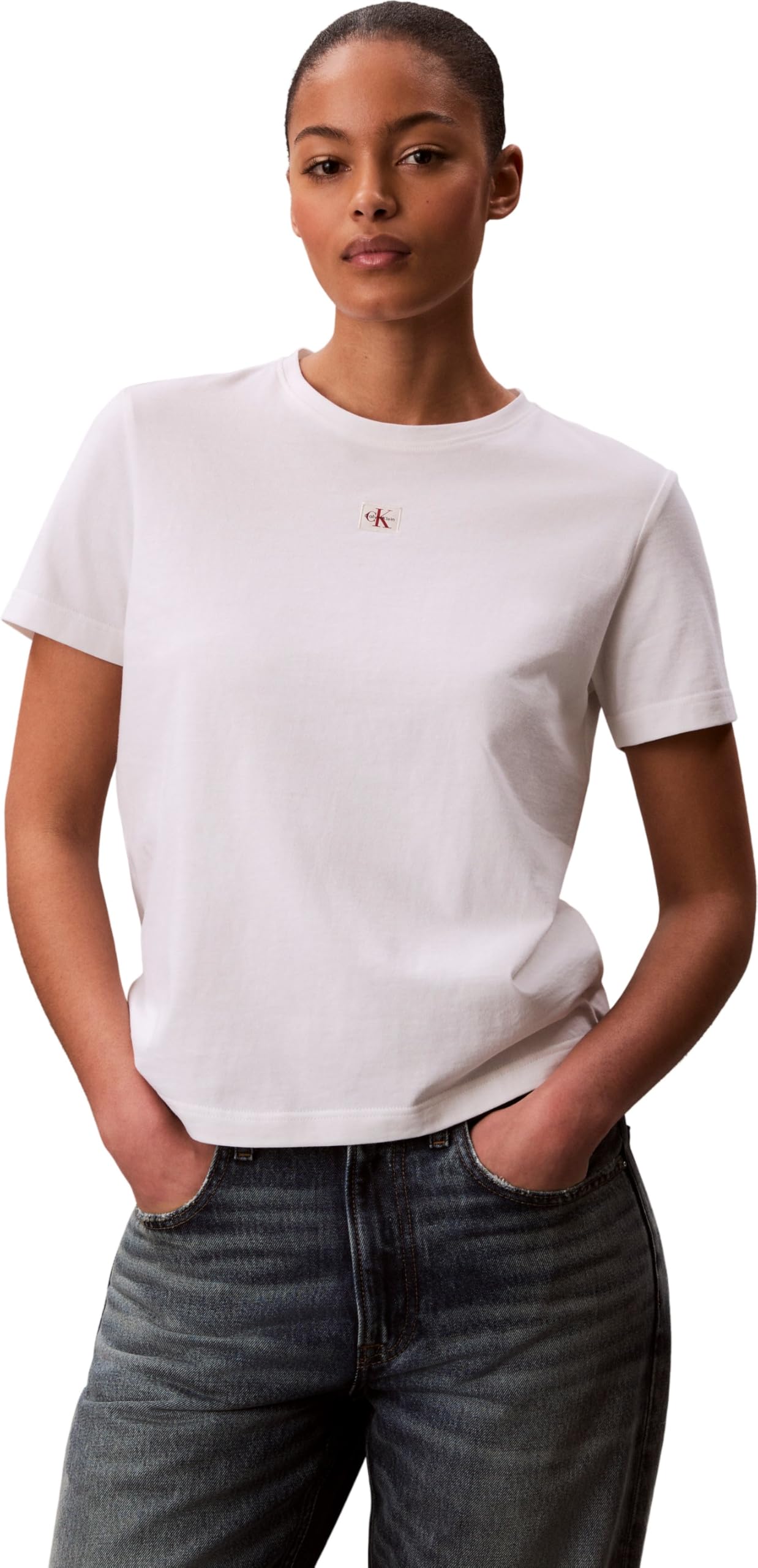 Calvin Klein Women's T-Shirt Short Sleeve Woven Label Classic Round Neckline, White (Bright White), M