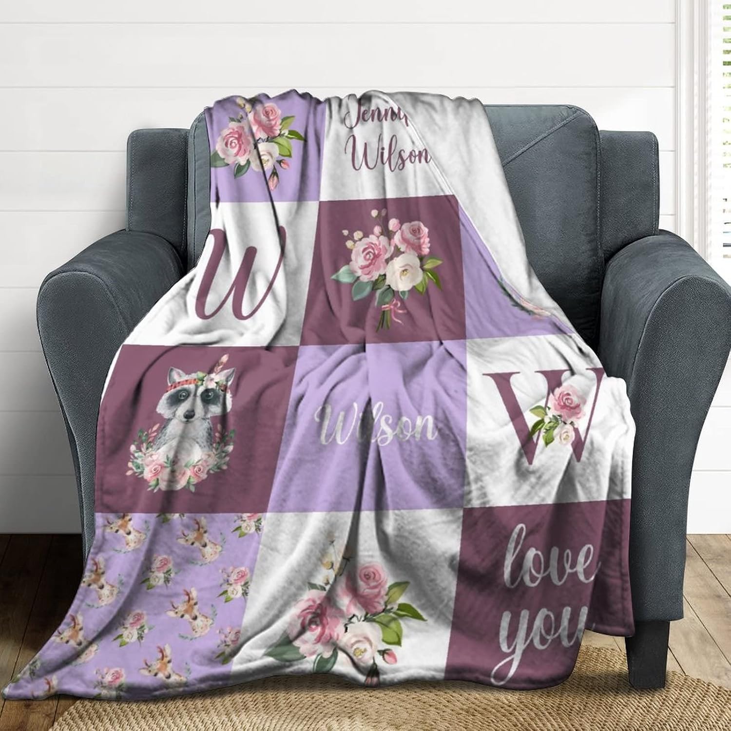Artsadd Woodland Personalized Baby Blankets for Boys Kids - Customized Baby Blanket with Name - Custom Jungle Animal Blanket Newborn Nursery Gift - Baby Shower Birthday Gift for Baby Newborn Toddler