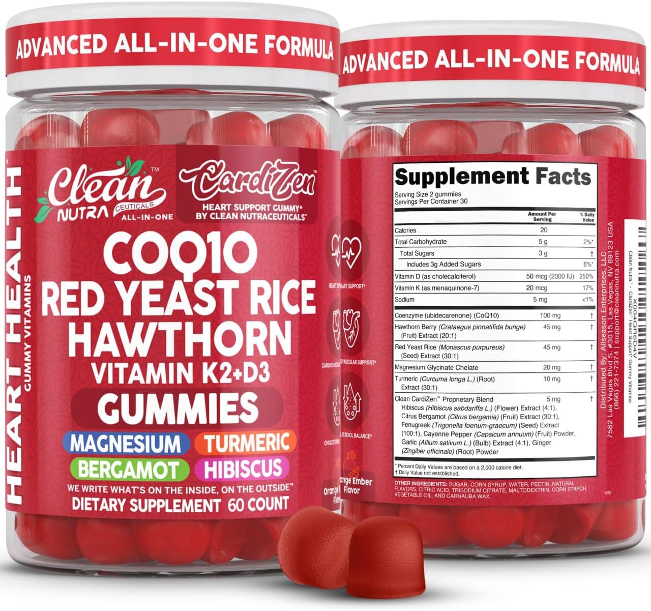 Clean Nutra CoQ10 Gummies Red Yeast Rice Hawthorn K2 Vitamin Supplement Magnesium Glycinate Turmeric Citrus Bergamot Hibiscus VIT D K Fenugreek Garlic Supplements Heart Support Gummy 60ct