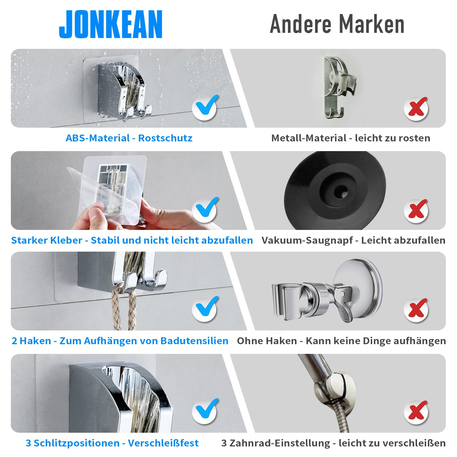 Support De Douche Sans Perçage - Autocollant Réglable En Angle - Pour Pommeaux De Douche Standard - Blanc - Installation Facile